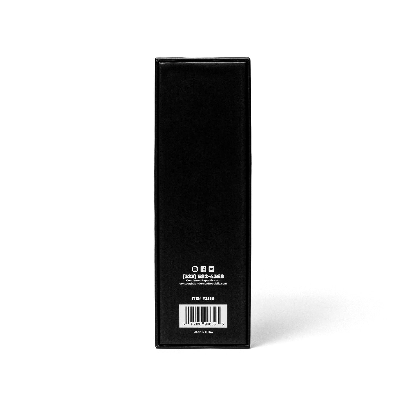 Black Package back-side on white background. Barcode and contact number (323) 582-4368