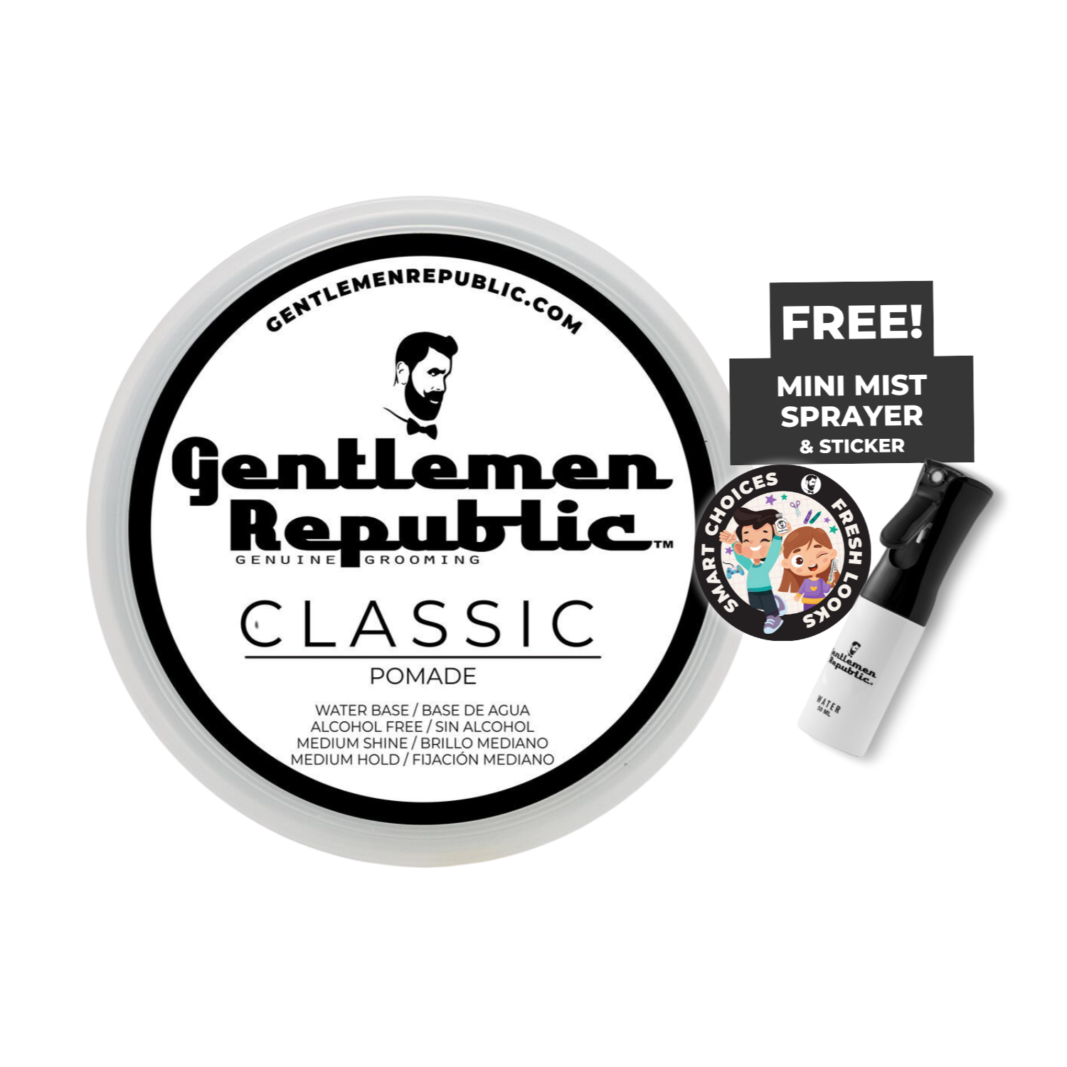 Gentlemen Republic Classic Pomade with a mini mist sprayer and sticker on a white background