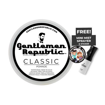 Gentlemen Republic Classic Pomade with a mini mist sprayer and sticker on a white background