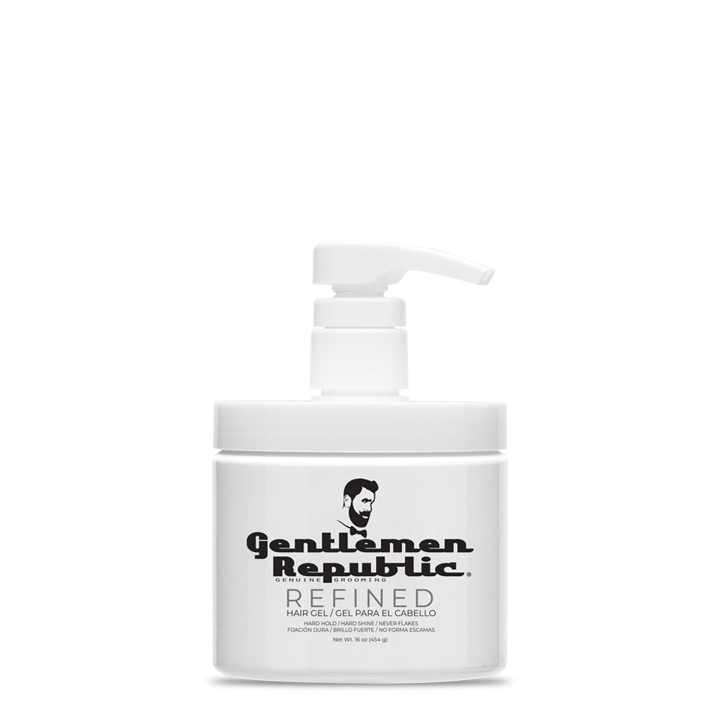 White jar of refined hair gel and gentlemen republic logo on it on a white background.