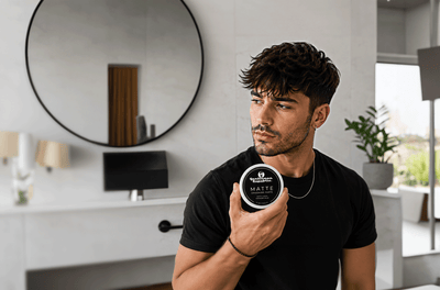 A man in a black t-shirt holds a round tin of 'Hair Artistry Matte' hair wax in a modern, bright bathroom setting.