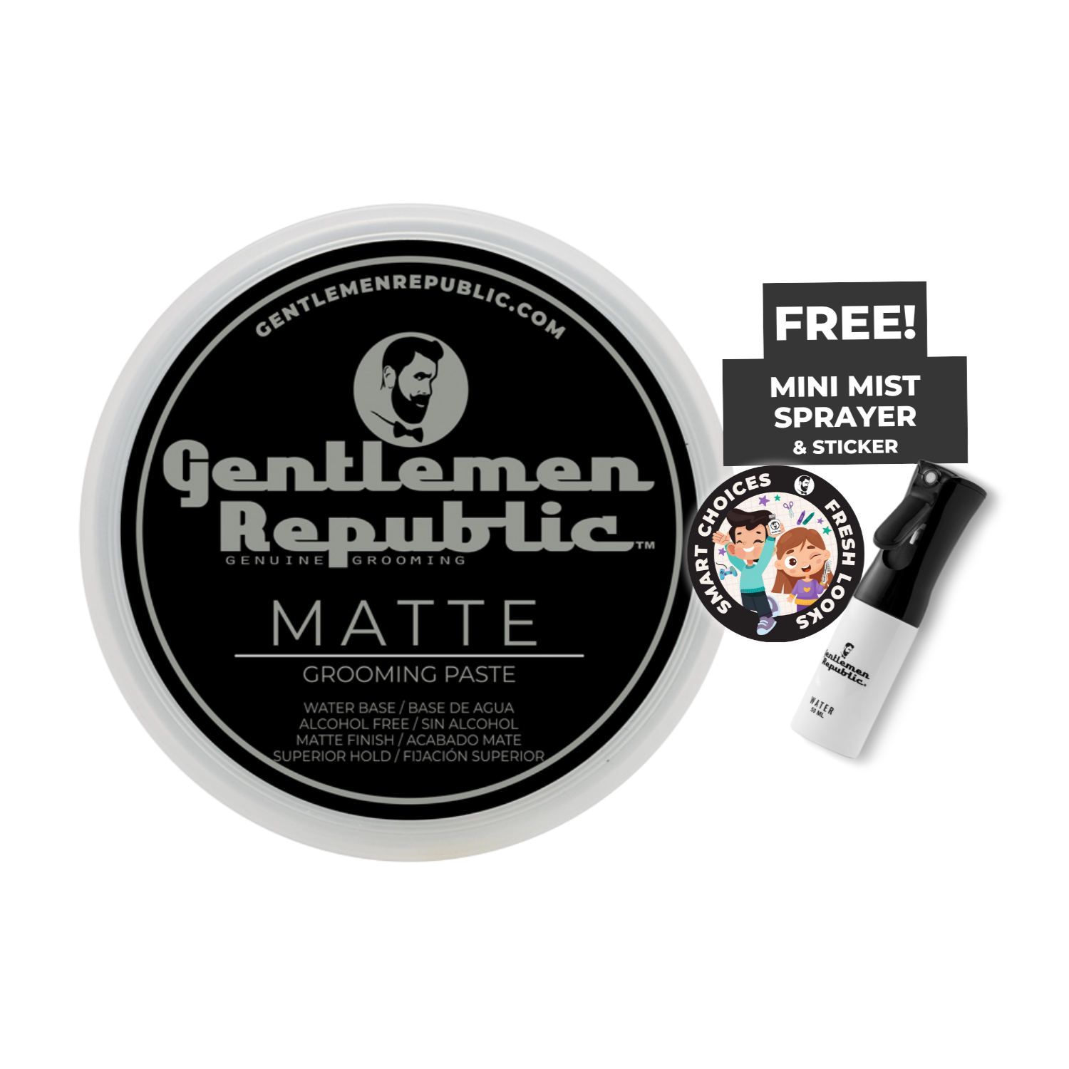 Gentlemen Republic grooming paste with a free mini mist sprayer and sticker on a white background