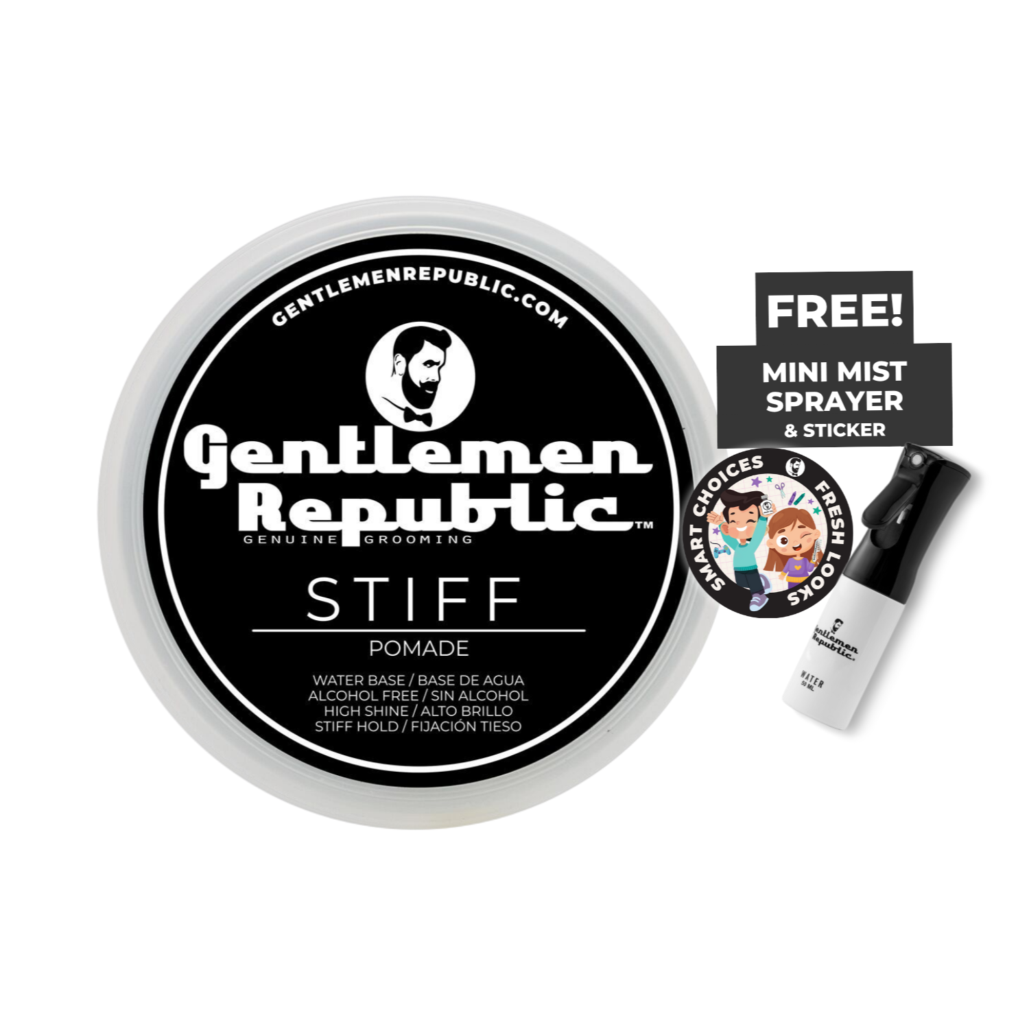 Gentlemen Republic pomade with a mini mist sprayer and sticker on a white background