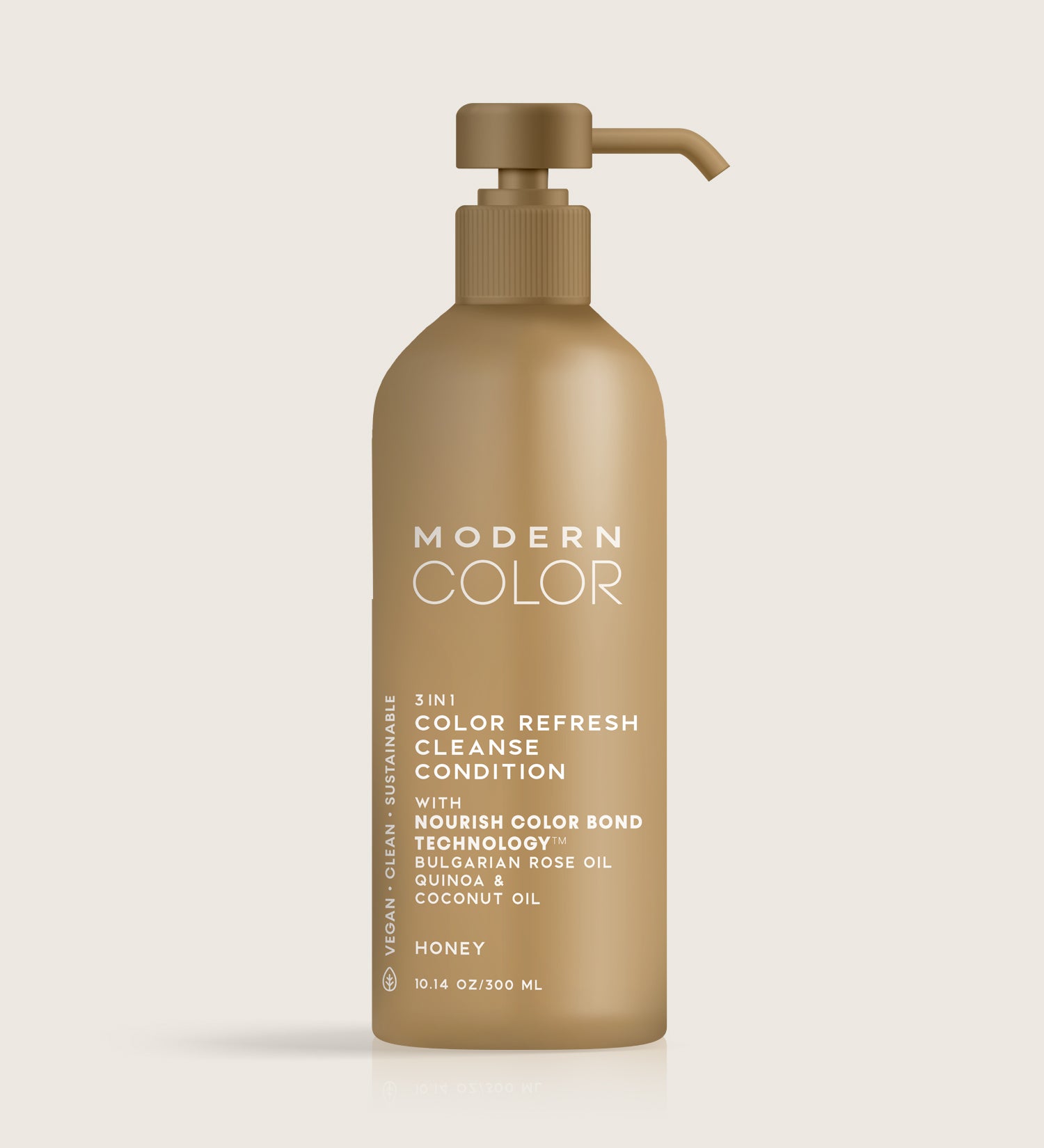 Image of a Honey-colored bottle labeled: Modern Color 3-in-1 Color Refresh: Cleanse, Condition, and Nourish with Bulgarian Rose Oil, Quinoa, and Coconut Oil.